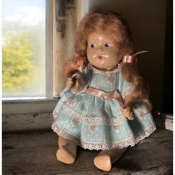 Vintage 40s Mini Doll Bisque Red Hair Floral Dress 7” - Picture 1 of 14